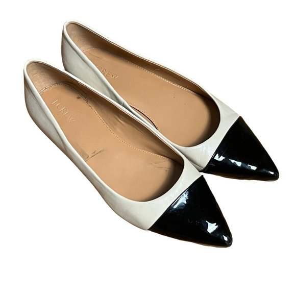 J.CREW Shoes - J Crew Womens Beige Leather Black Patent Pointed Toe Ballet Flats Size 11
